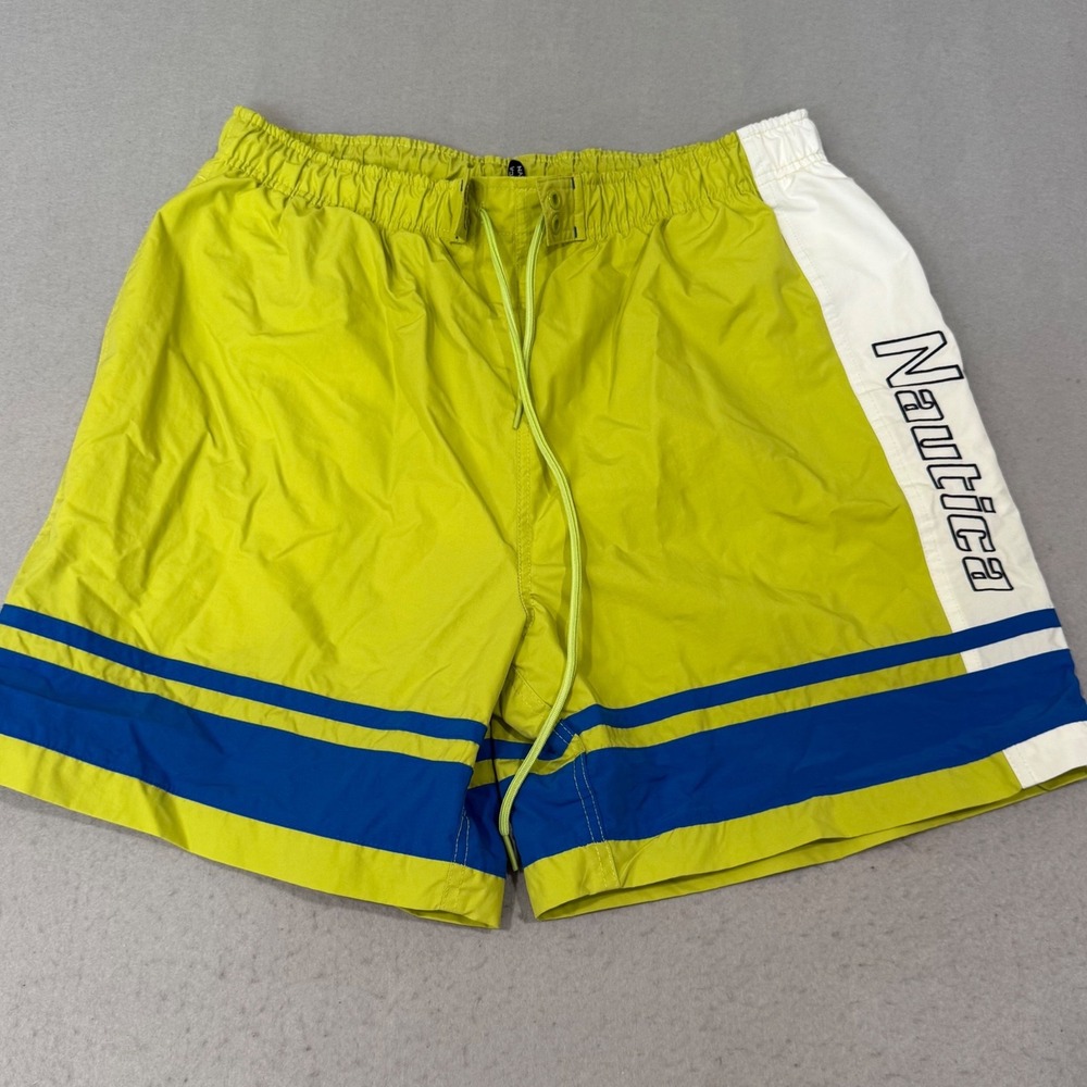 Nautica Swim Trunks Men Large Neon Green Blue Striped Vintage Mesh Lined Shorts